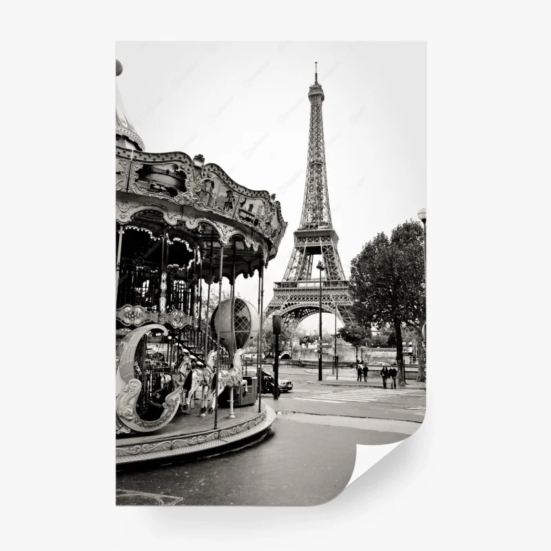 Carta da parati magica vista di Parigi con la Torre Eiffel e giostra d'epoca
