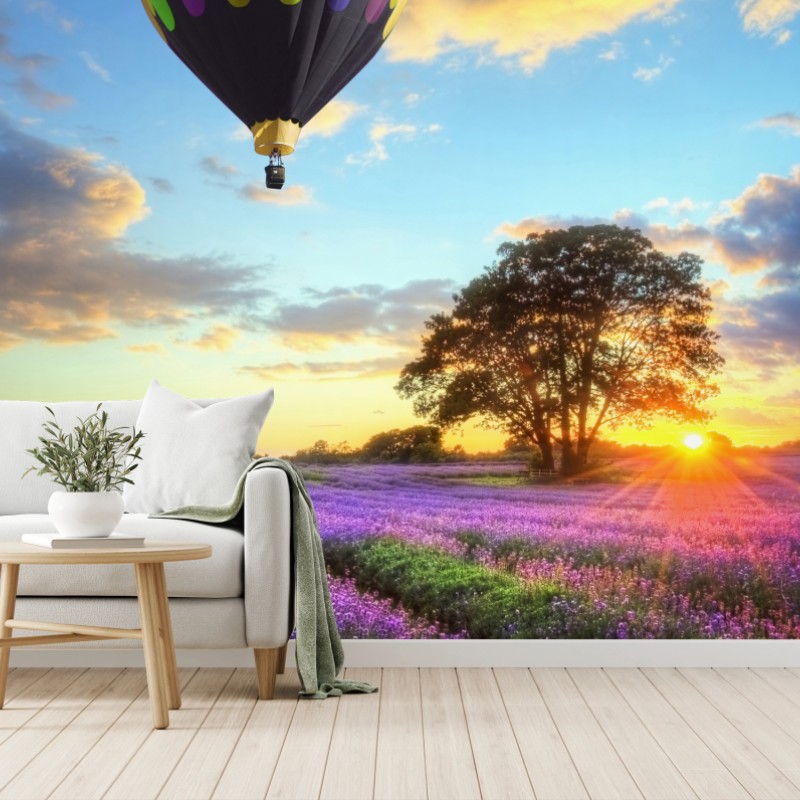 Carta da parati tramonto di lavanda e mongolfiere sulla campagna