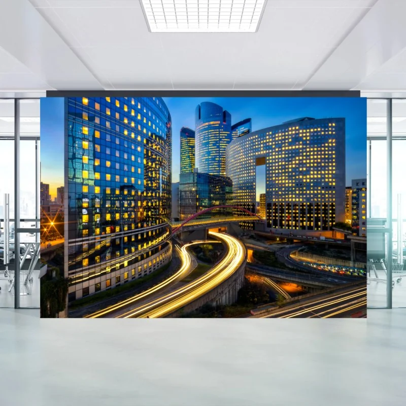 Carta da parati panorama urbano notturno del distretto finanziario