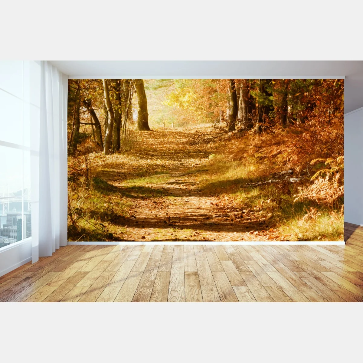 Carta da parati sentiero autunnale nel bosco dorato • Wallissimo® Carta da parati sentiero autunnale nel bosco dorato • Wallissimo®