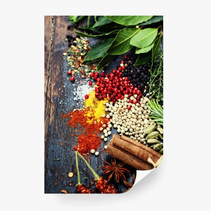 Carta da parati composizione di spezie ed erbe aromatiche su legno rustico