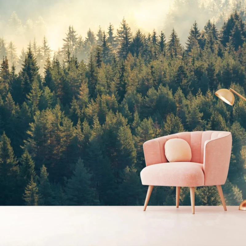 Carta da parati foresta di pini nella nebbia dorata