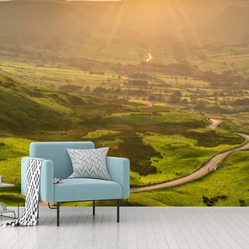 Carta da parati strada serpeggiante al tramonto sulle colline verdi • Wallissimo® Carta da parati strada serpeggiante al tramonto sulle colline verdi • Wallissimo®
