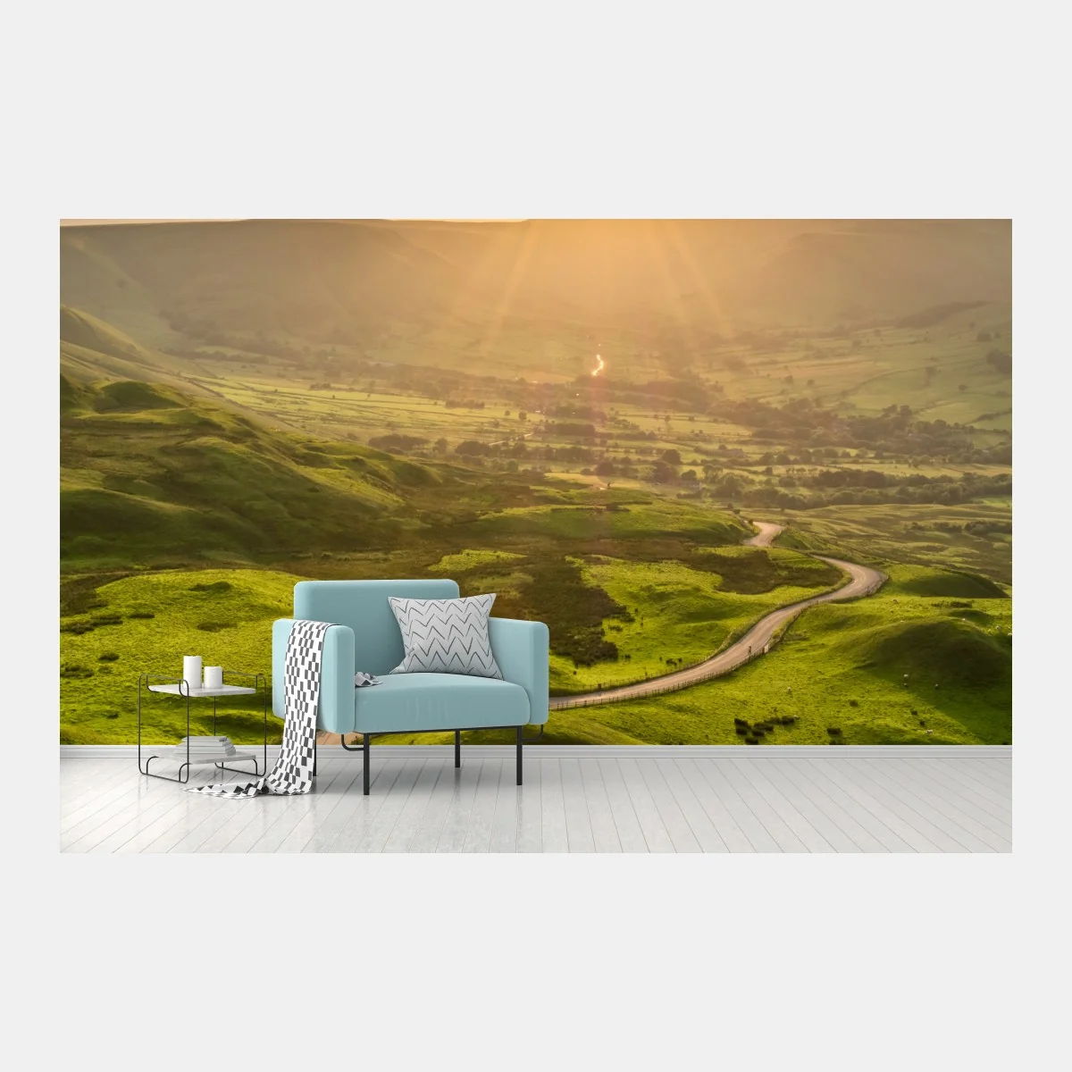 Carta da parati strada serpeggiante al tramonto sulle colline verdi • Wallissimo® Carta da parati strada serpeggiante al tramonto sulle colline verdi • Wallissimo®