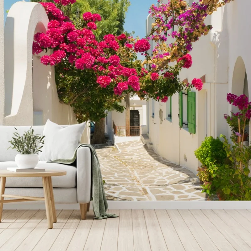 Carta da parati angolo mediterraneo con bouganvillea in fiore