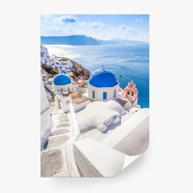 Carta da parati panorama marino di Santorini con cupole blu