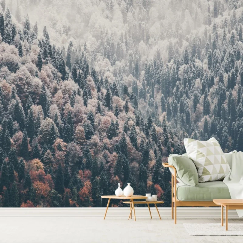 Carta da parati paesaggio montano autunnale con lago e nebbia