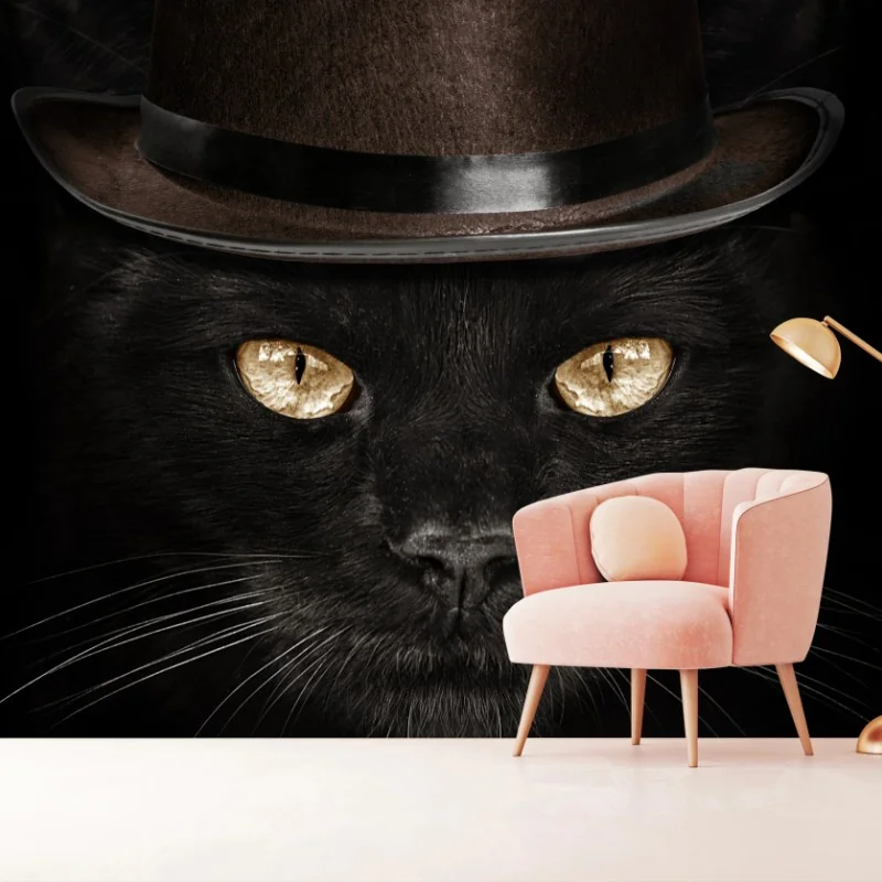 Carta da parati gatto elegante con cappello a cilindro e papillon
