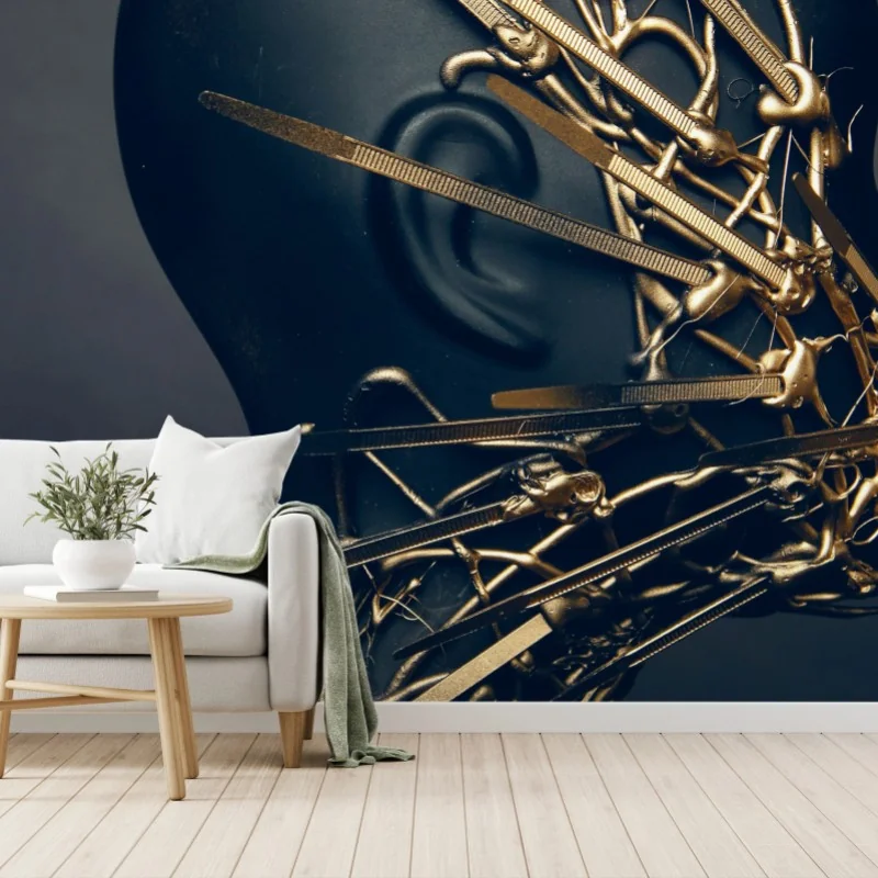 Carta da parati profilo scultoreo con maschera dorata ornamentale