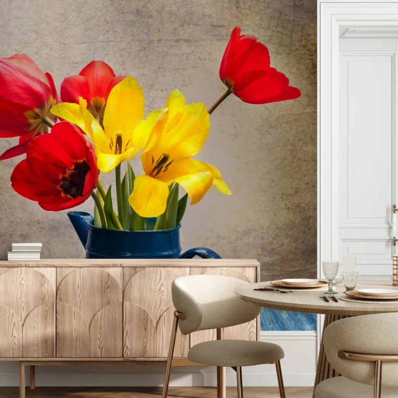 Carta da parati bouquet di tulipani gialli e rossi su sfondo vintage