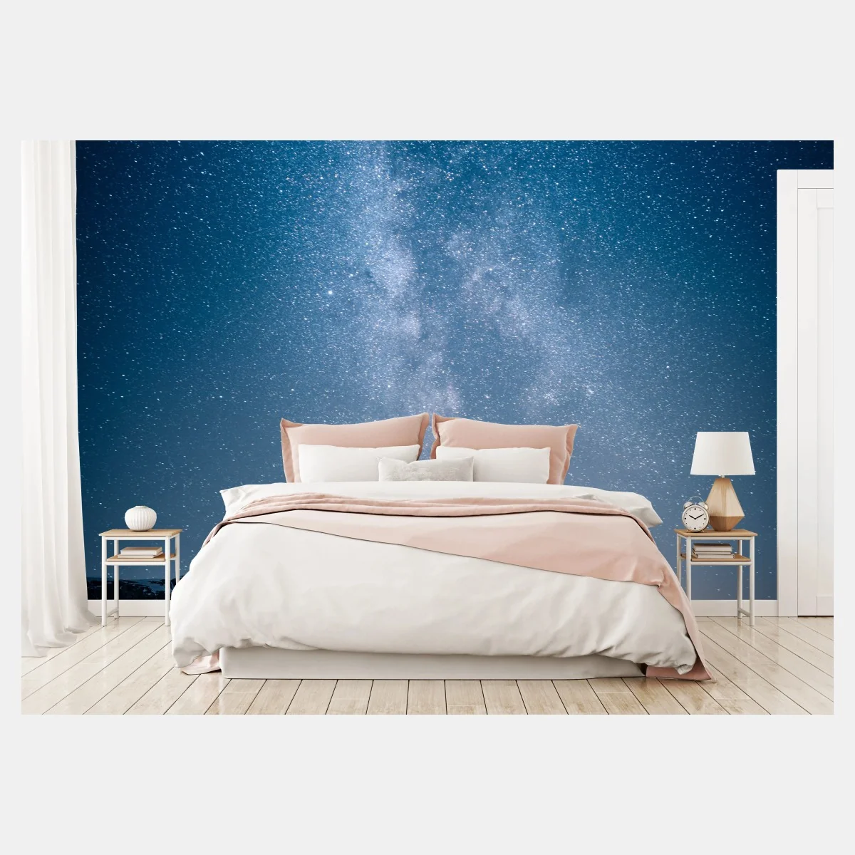 Carta da parati cielo della Via Lattea sopra montagne e fiume • Wallissimo® Carta da parati cielo della Via Lattea sopra montagne e fiume • Wallissimo®