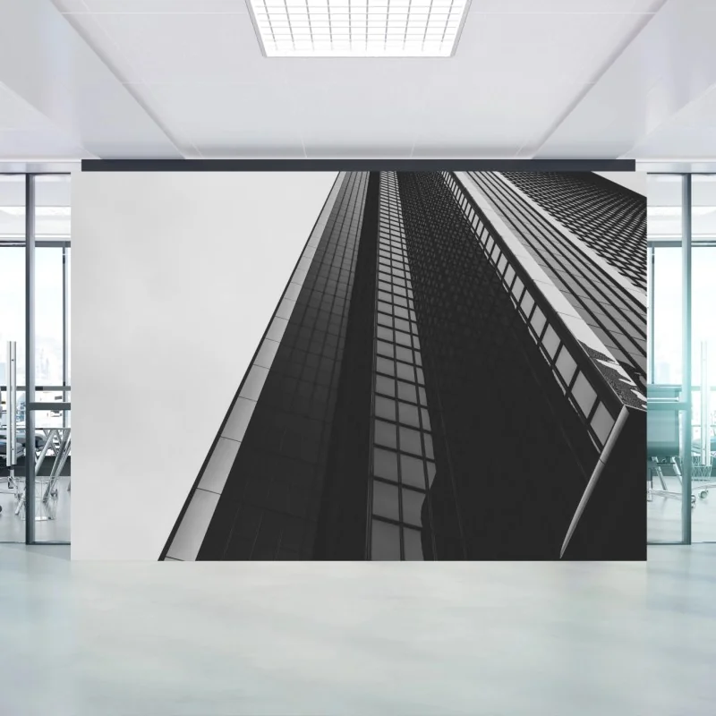 Carta da parati prospettiva verticale di un grattacielo moderno