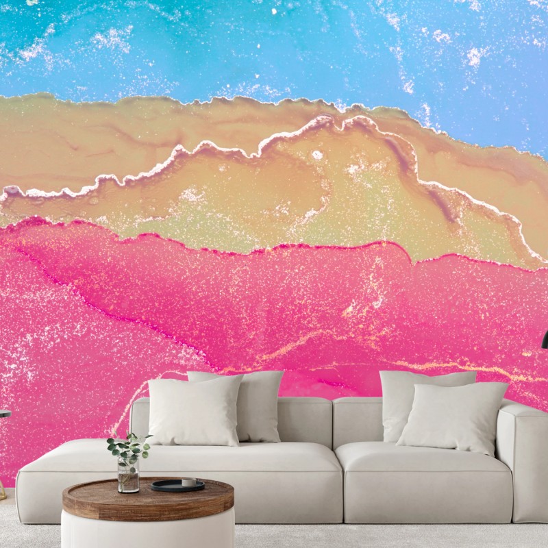 Carta da parati marmo liquido in onde rosa e azzurro