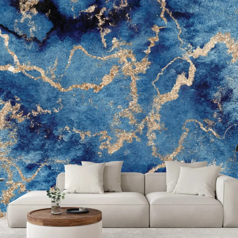 Carta da parati marmo blu con venature dorate