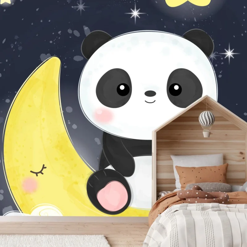 Carta da parati panda sulla luna sorridente