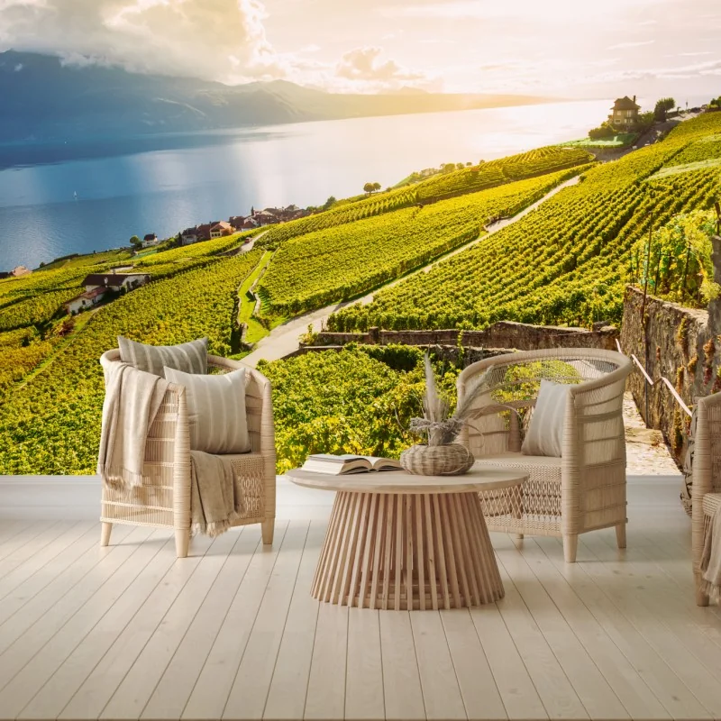 Carta da parati vigneti dorati sul lago al tramonto