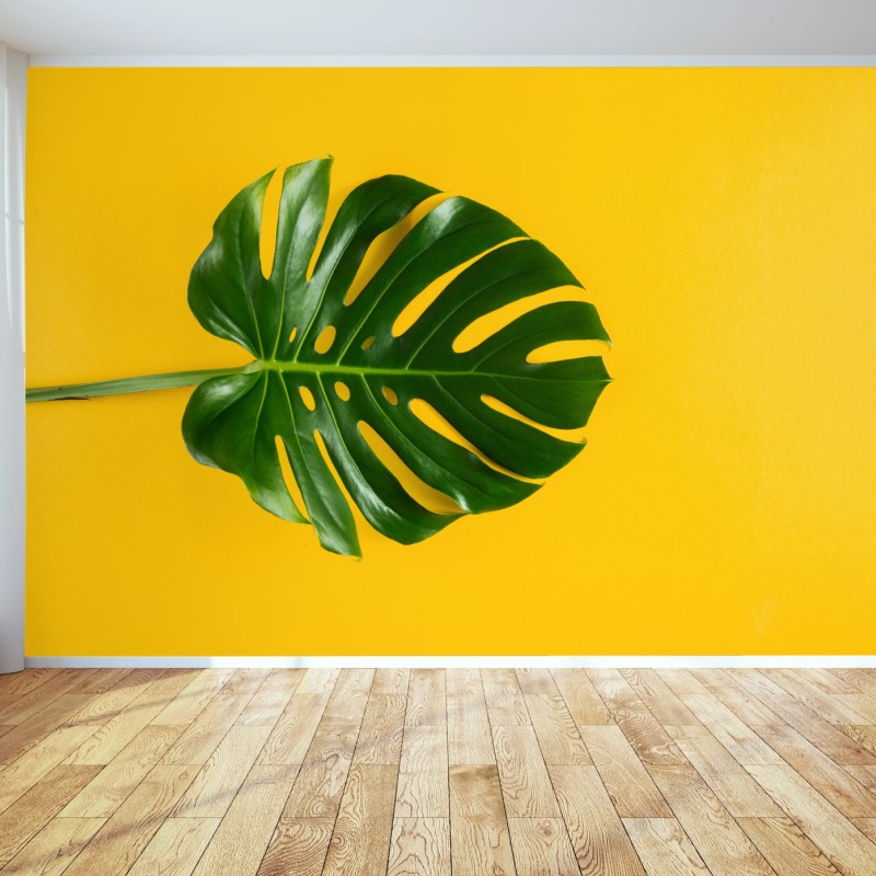 Carta da parati foglia di monstera su sfondo giallo vibrante