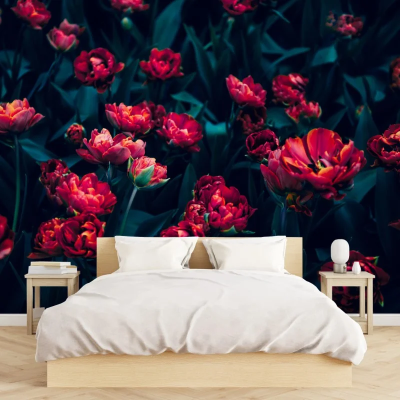 Carta da parati tulipani rossi al crepuscolo