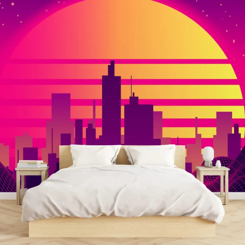 Carta da parati tramonto synthwave nella metropoli futuristica