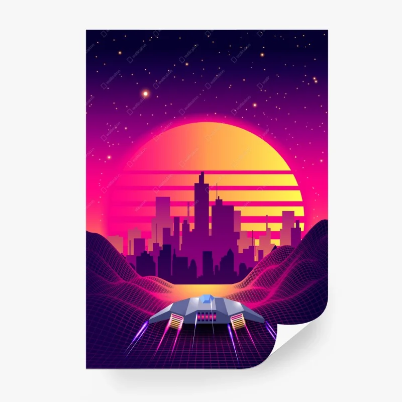 Carta da parati tramonto synthwave nella metropoli futuristica