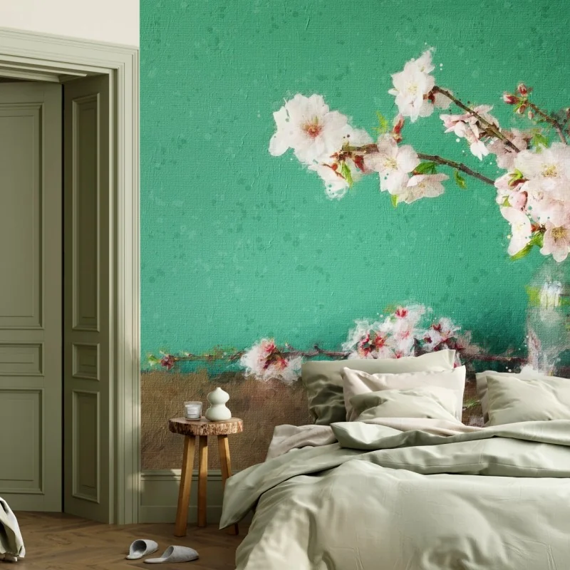 Carta da parati ramo di fiori di ciliegio su sfondo turchese