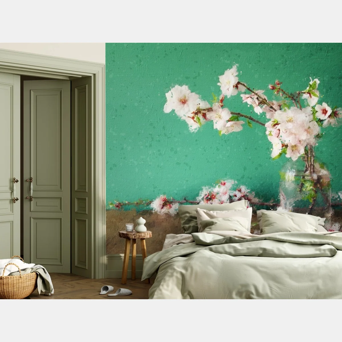 Carta da parati ramo di fiori di ciliegio su sfondo turchese • Wallissimo® Carta da parati ramo di fiori di ciliegio su sfondo turchese • Wallissimo®