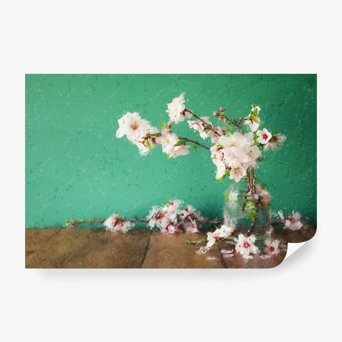 Carta da parati ramo di fiori di ciliegio su sfondo turchese • Wallissimo® Carta da parati ramo di fiori di ciliegio su sfondo turchese • Wallissimo®