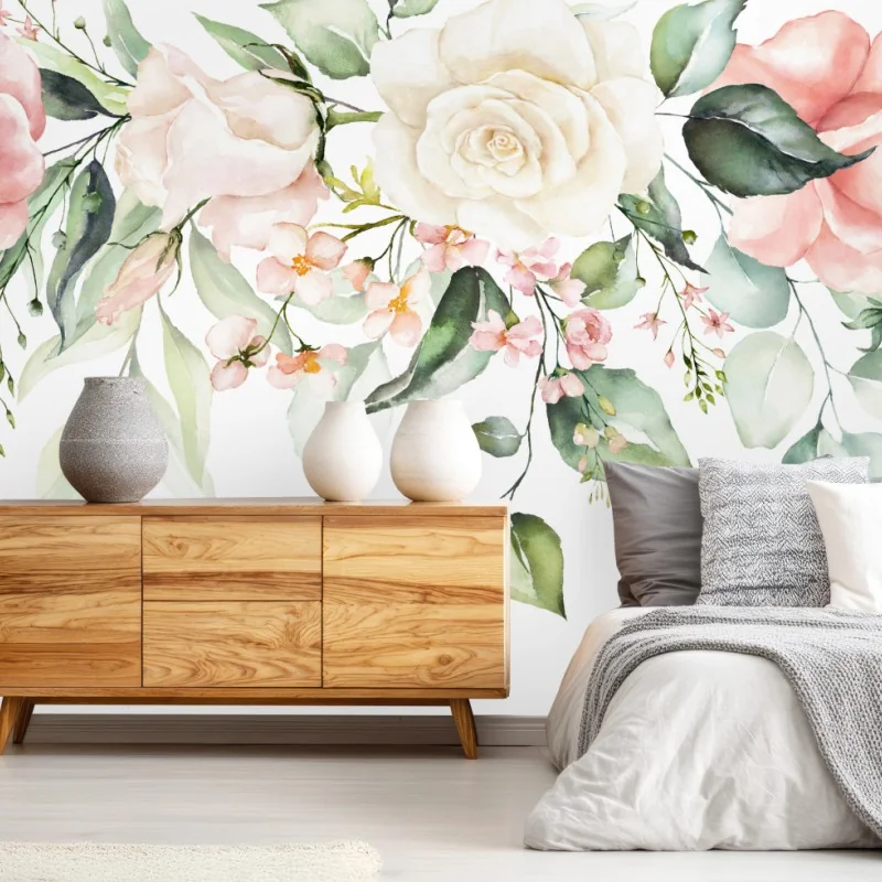 Carta da parati elegante ghirlanda floreale in acquerello rosa e crema
