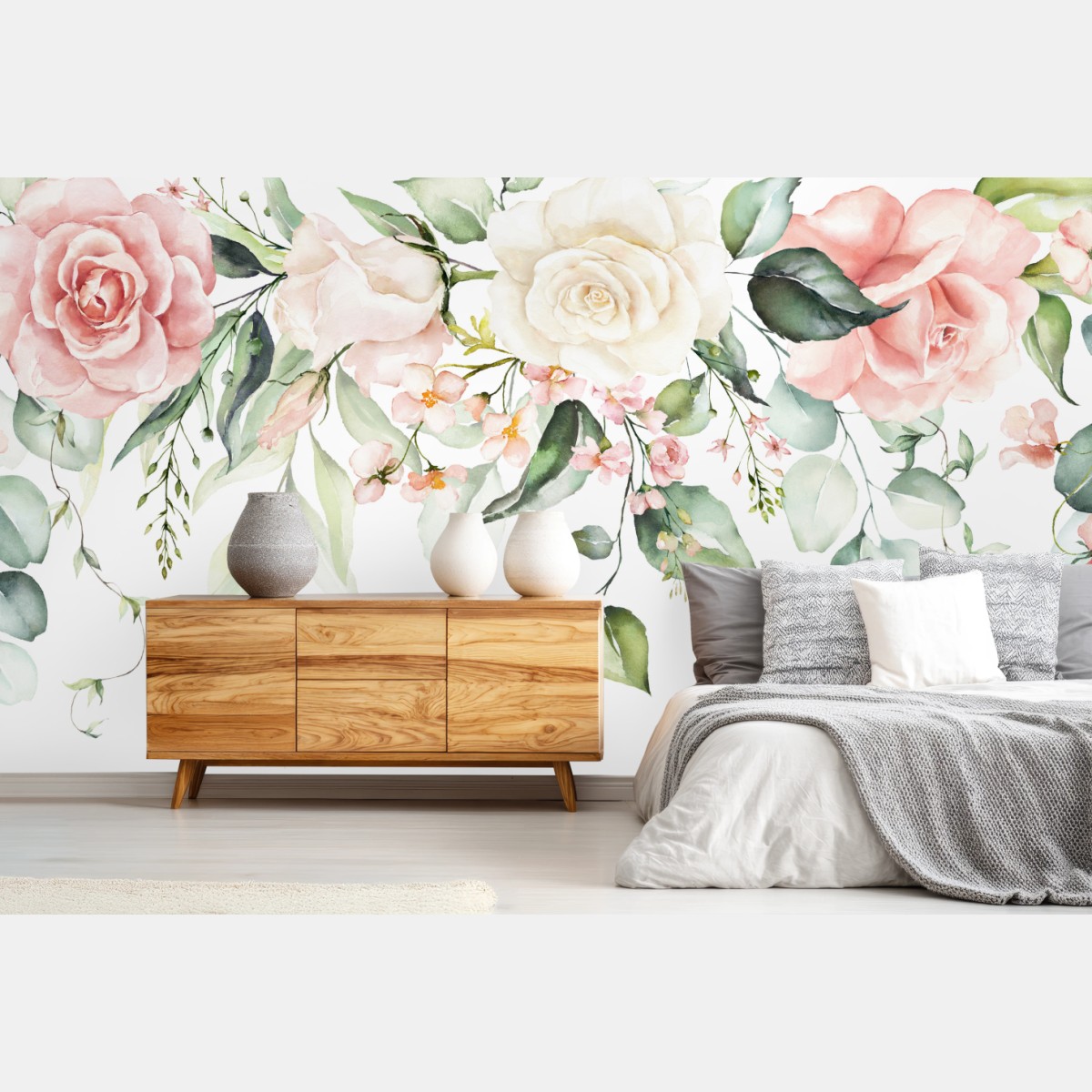 Carta da parati elegante ghirlanda floreale in acquerello rosa e crema • Wallissimo®