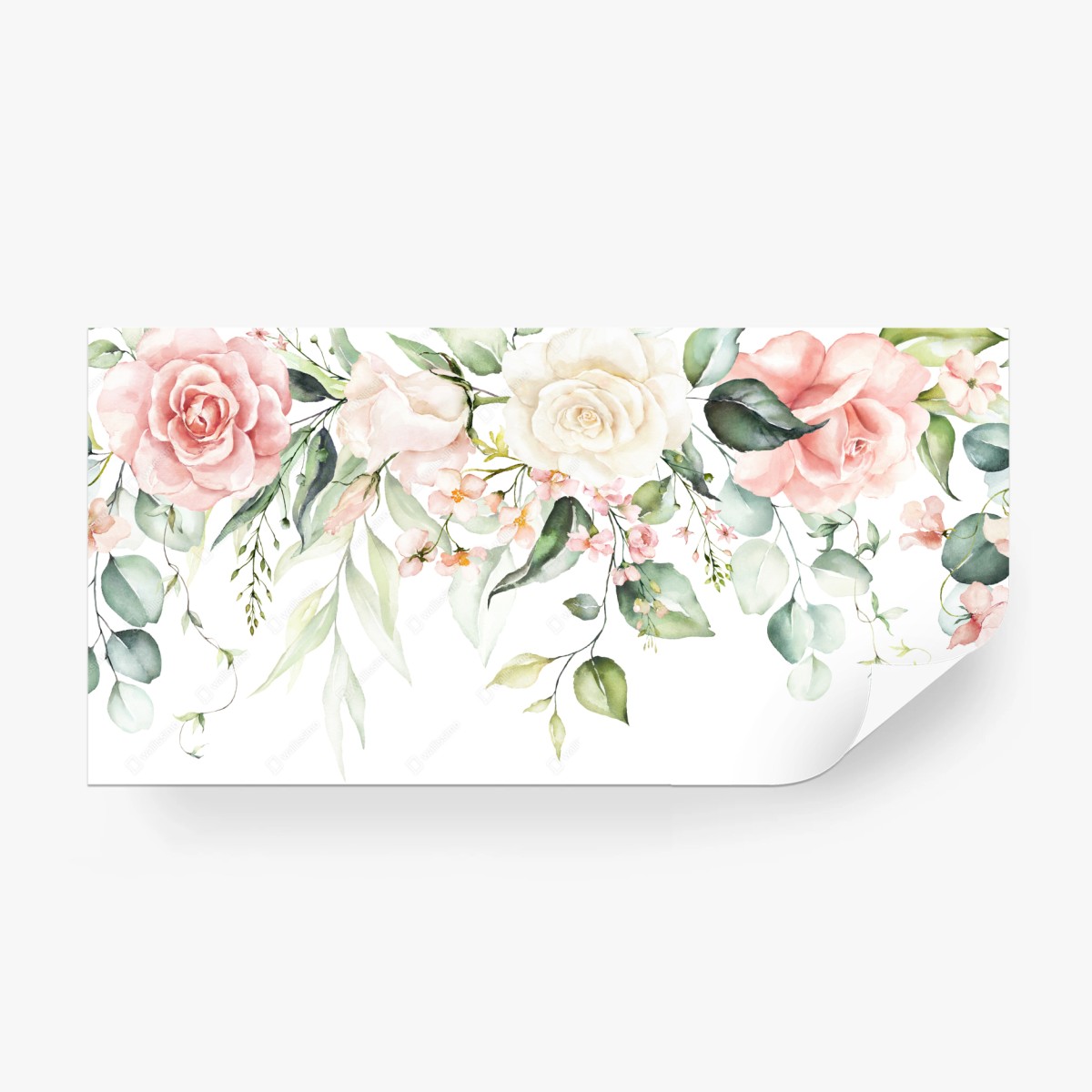 Carta da parati elegante ghirlanda floreale in acquerello rosa e crema • Wallissimo®