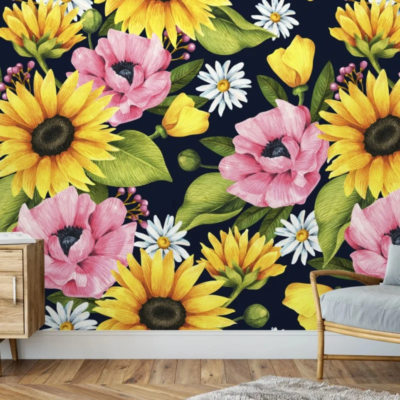 Carta da parati bouquet estivo di girasoli e papaveri su sfondo scuro