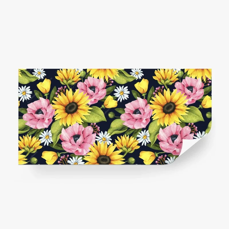 Carta da parati bouquet estivo di girasoli e papaveri su sfondo scuro