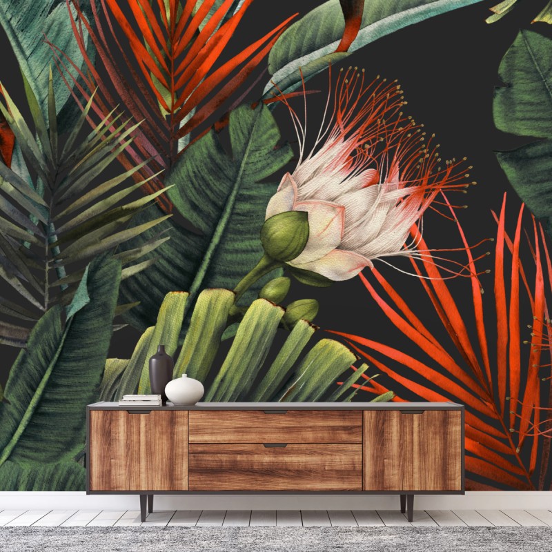 Carta da parati motivo tropicale di foglie e fiori ad acquerello su sfondo scuro • Wallissimo® Carta da parati motivo tropicale di foglie e fiori ad acquerello su sfondo scuro • Wallissimo®
