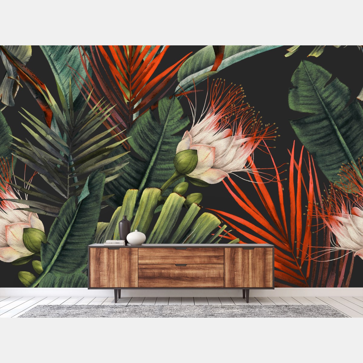 Carta da parati motivo tropicale di foglie e fiori ad acquerello su sfondo scuro • Wallissimo® Carta da parati motivo tropicale di foglie e fiori ad acquerello su sfondo scuro • Wallissimo®