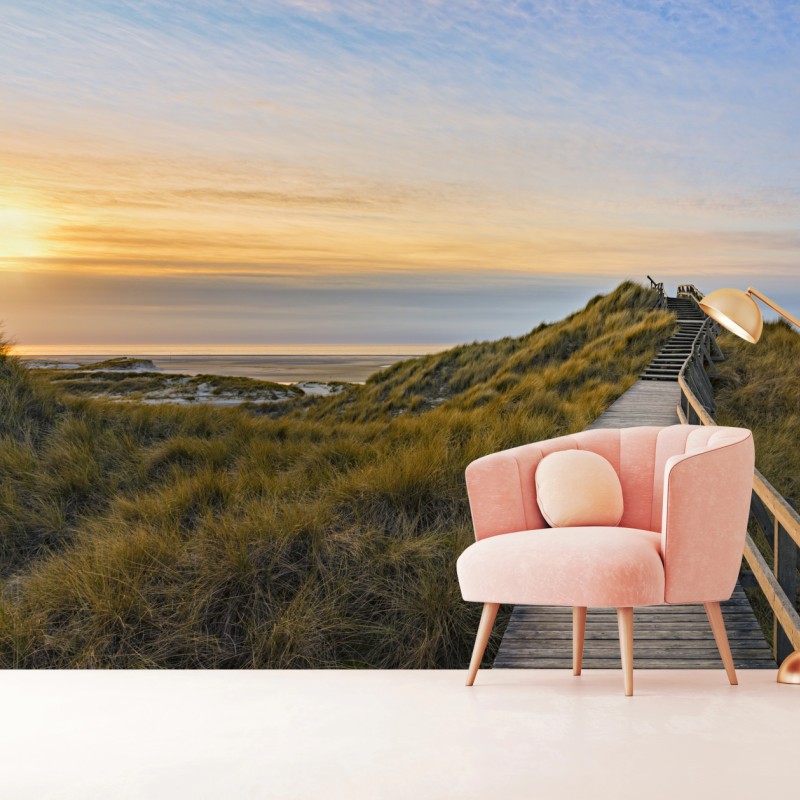 Carta da parati passerella sulle dune al tramonto, Norddorf, Amrum