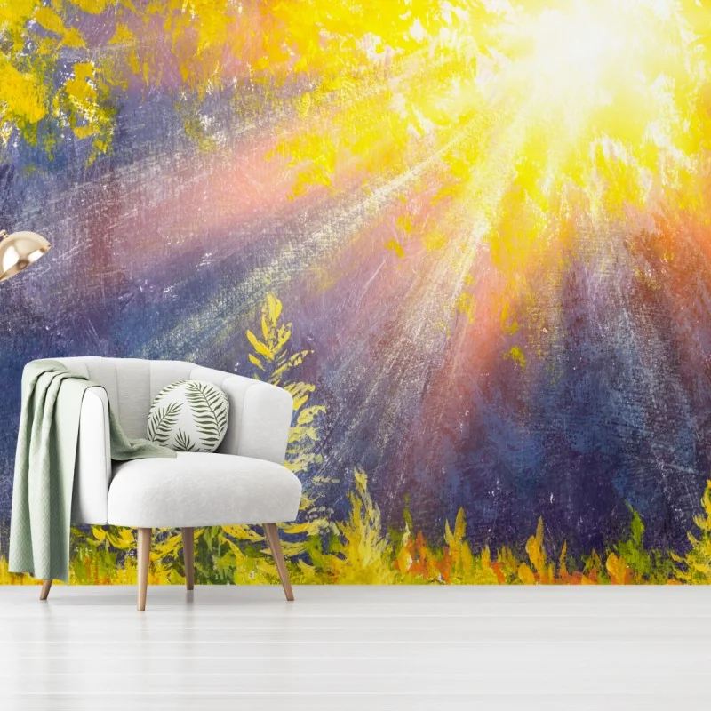 Carta da parati sole dorato nella foresta ad acquerello