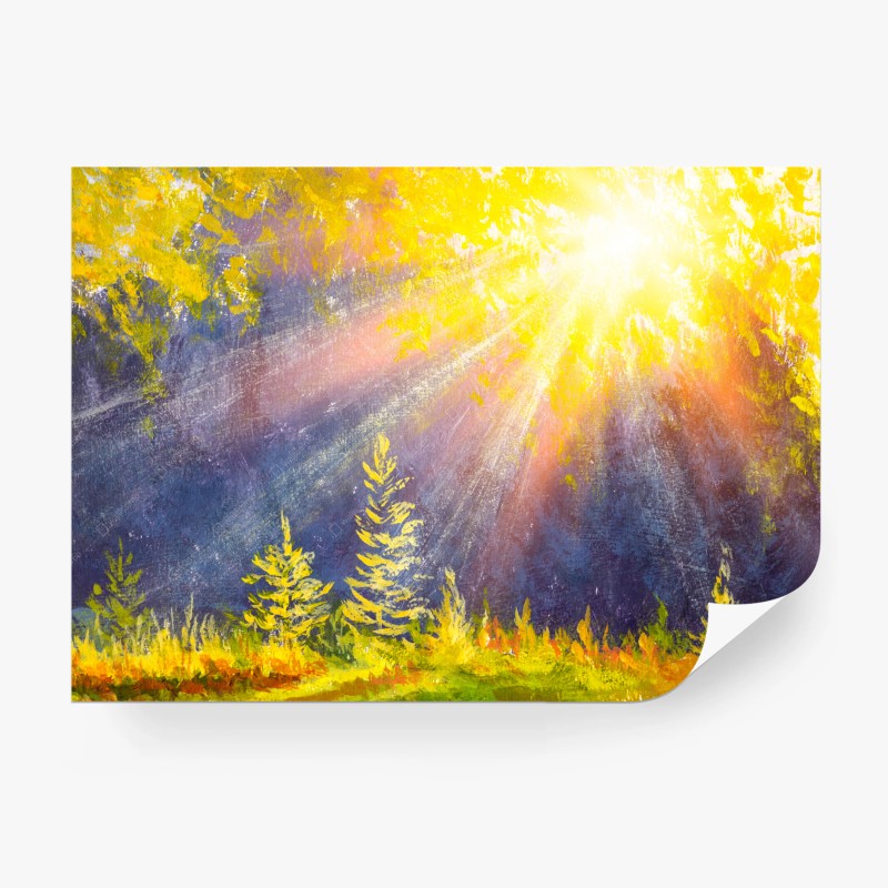 Carta da parati sole dorato nella foresta ad acquerello