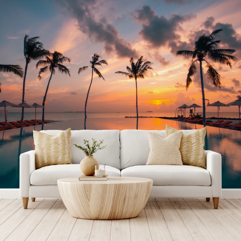 Carta da parati tramonto tropicale sulla piscina a sfioro