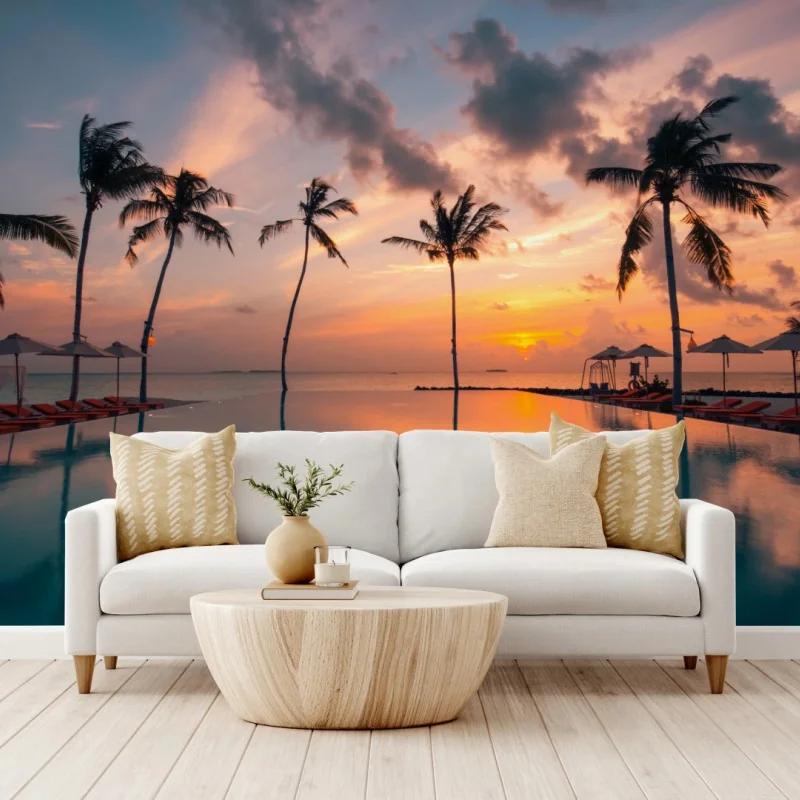 Carta da parati tramonto tropicale sulla piscina a sfioro