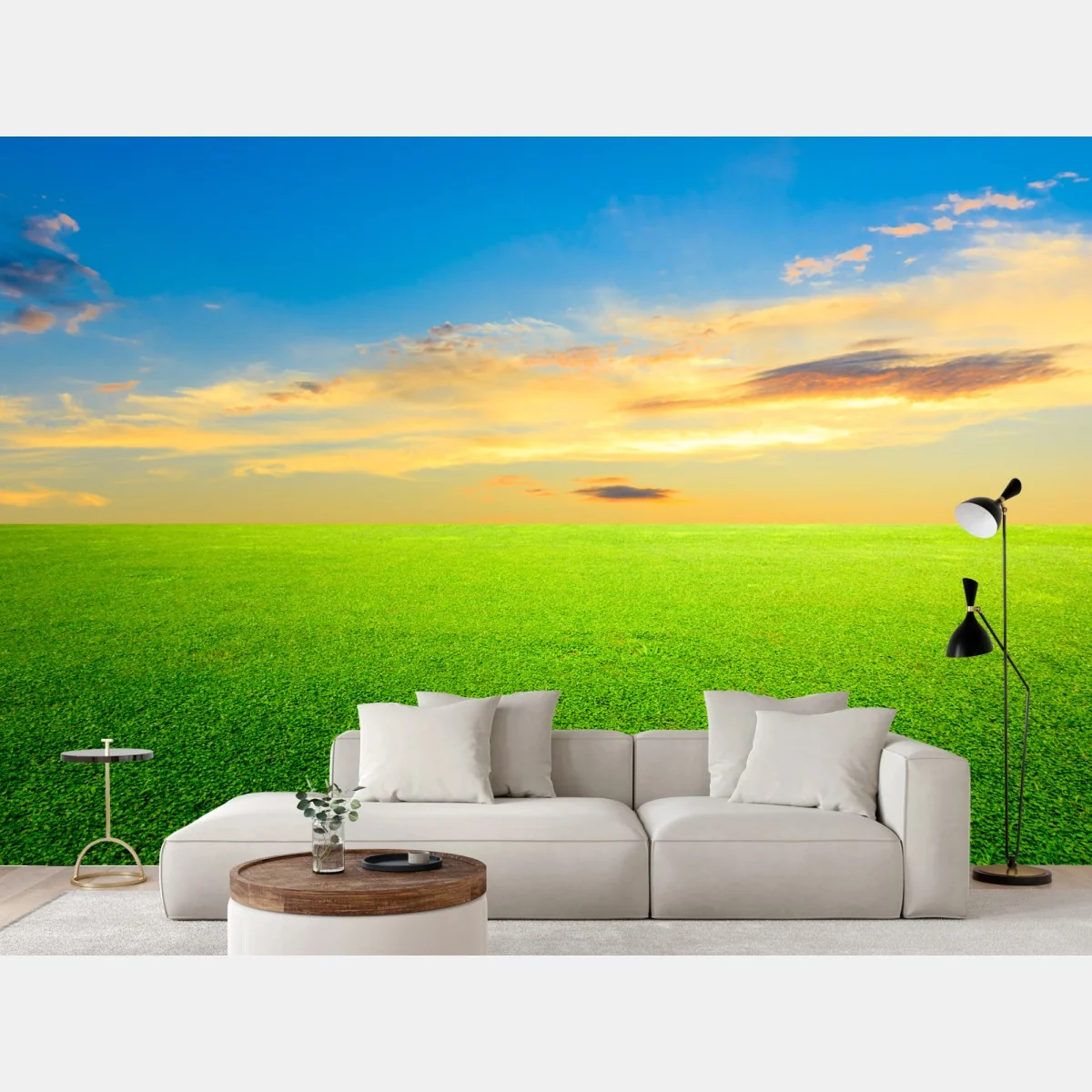 Carta da parati tramonto sul prato verde • Wallissimo® Carta da parati tramonto sul prato verde • Wallissimo®