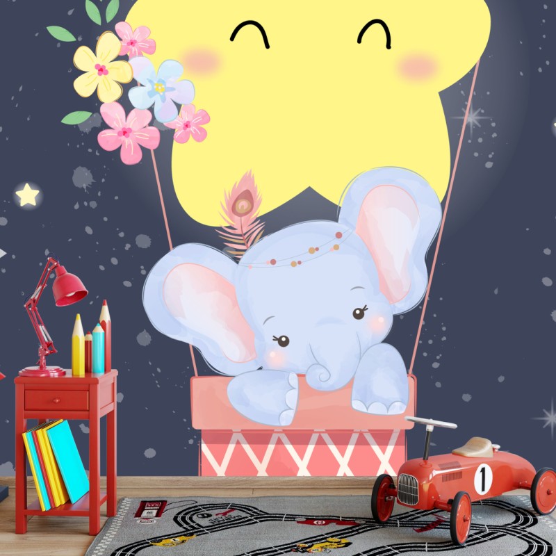 Carta da parati elefantino sulla mongolfiera con stella sorridente