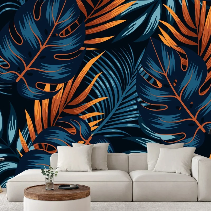 Carta da parati motivo foglie tropicali blu navy e arancione