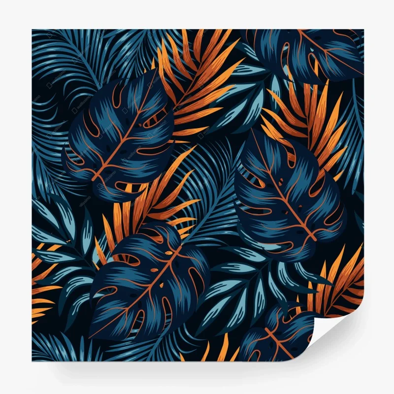 Carta da parati motivo foglie tropicali blu navy e arancione