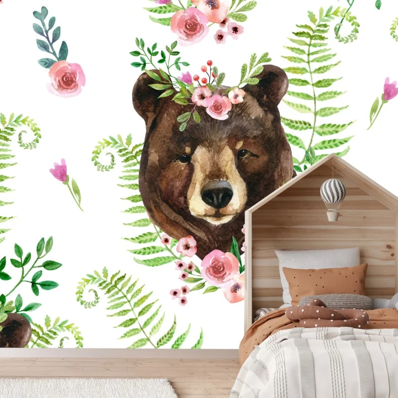 Carta da parati orso con coroncina floreale in acquerello