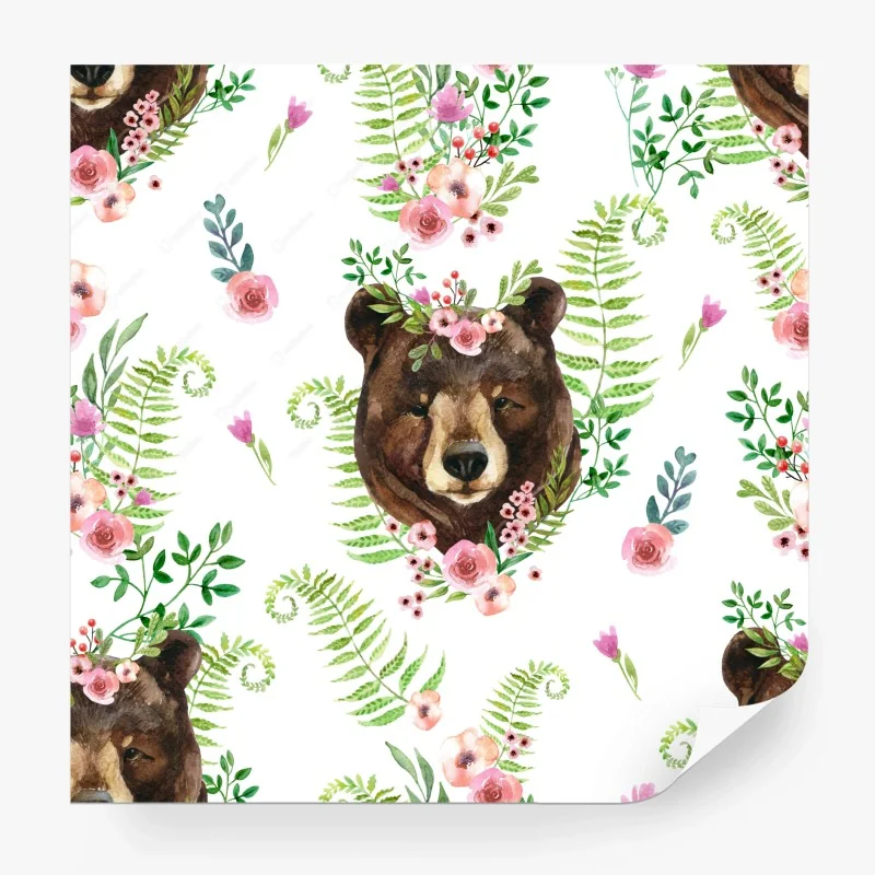 Carta da parati orso con coroncina floreale in acquerello