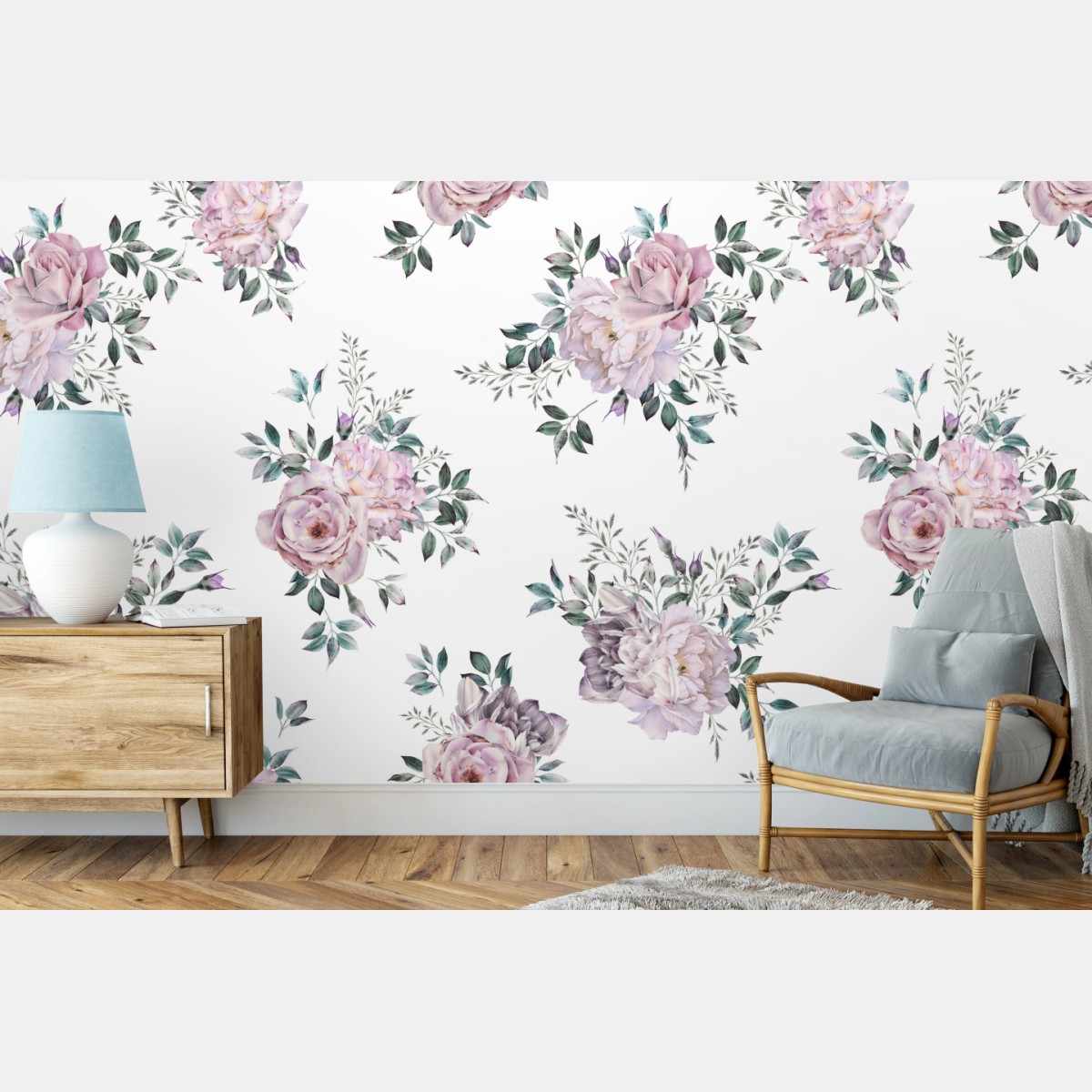 Carta da parati motivo floreale acquerellato romantico • Wallissimo®