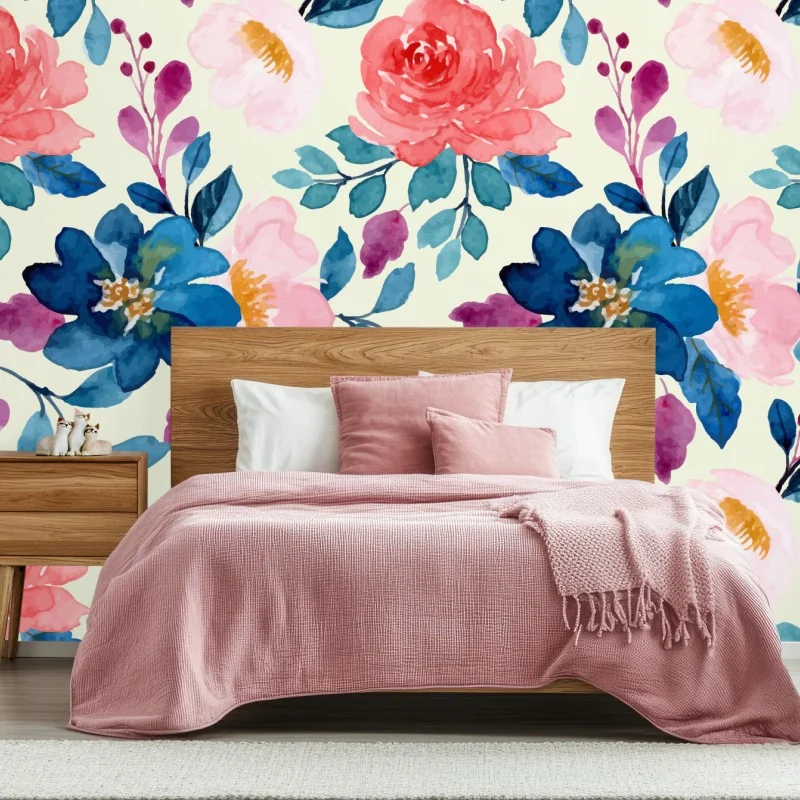 Carta da parati motivo floreale ad acquerello in tonalità rosa e blu