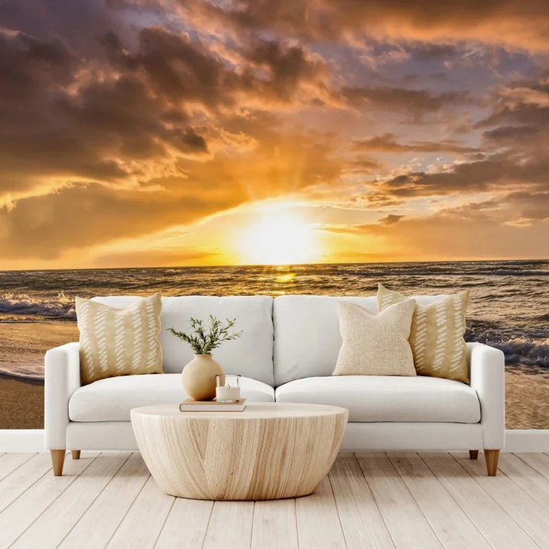 Carta da parati tramonto dorato sulla spiaggia • Wallissimo®