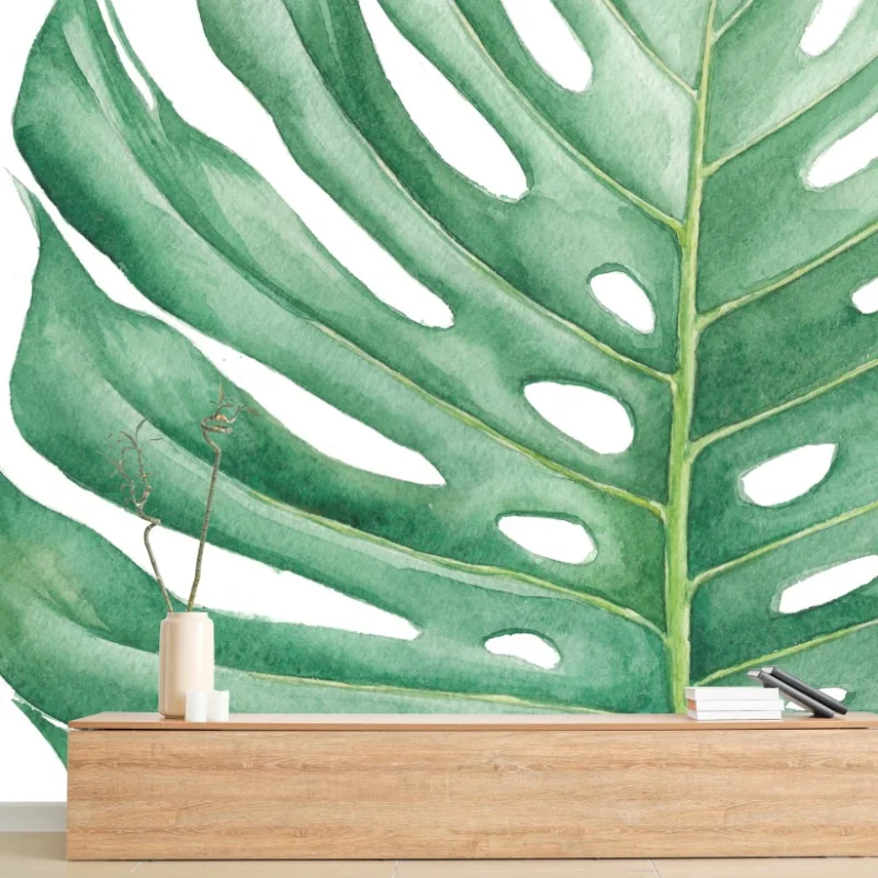 Carta da parati foglia di monstera acquerellata su sfondo bianco