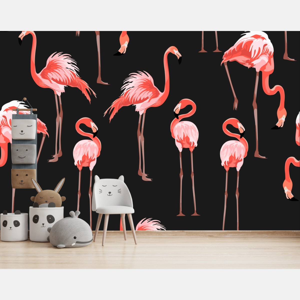 Carta da parati motivo fenicotteri rosa su sfondo scuro • Wallissimo®